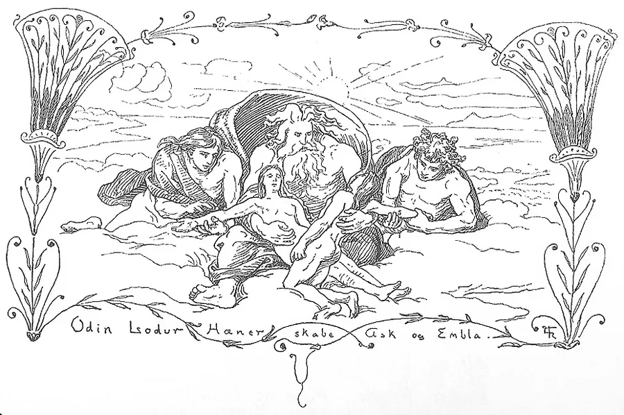 Odin, Lodur and Hoenir create Ask and Embla